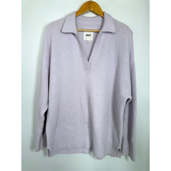 Aerie CozyUp Waffle Knit Polo Collared Pullover Sweater Lilac Oversized XS S M L - Picture 2 of 9